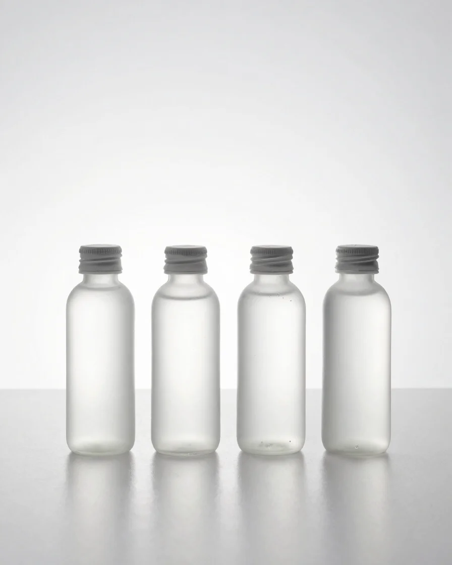 Soft diffuse studio still life of the four 250ml bottles in a clean white setting with subtle grey shadows, precise refl